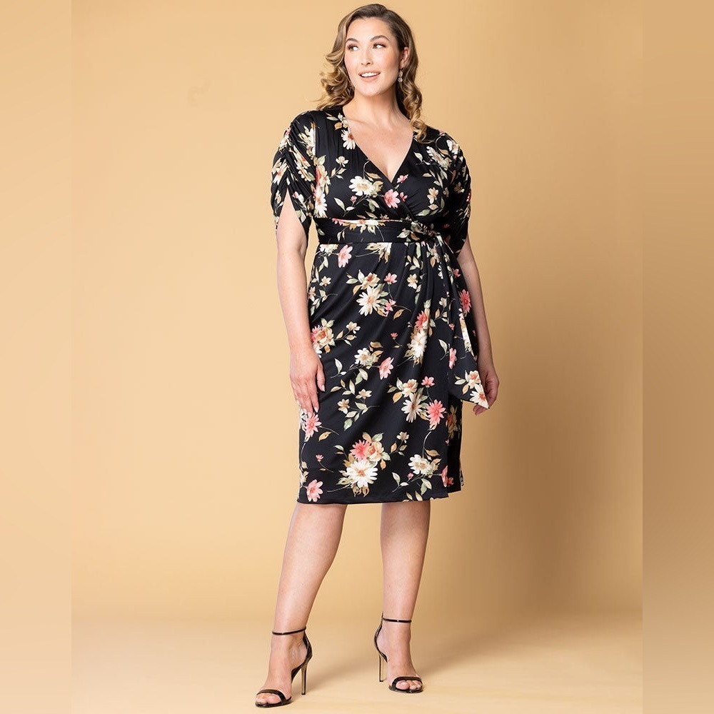 Kiyonna Black Floral Midi Faux Wrap Dress with Draped Sleeves - Size 4X